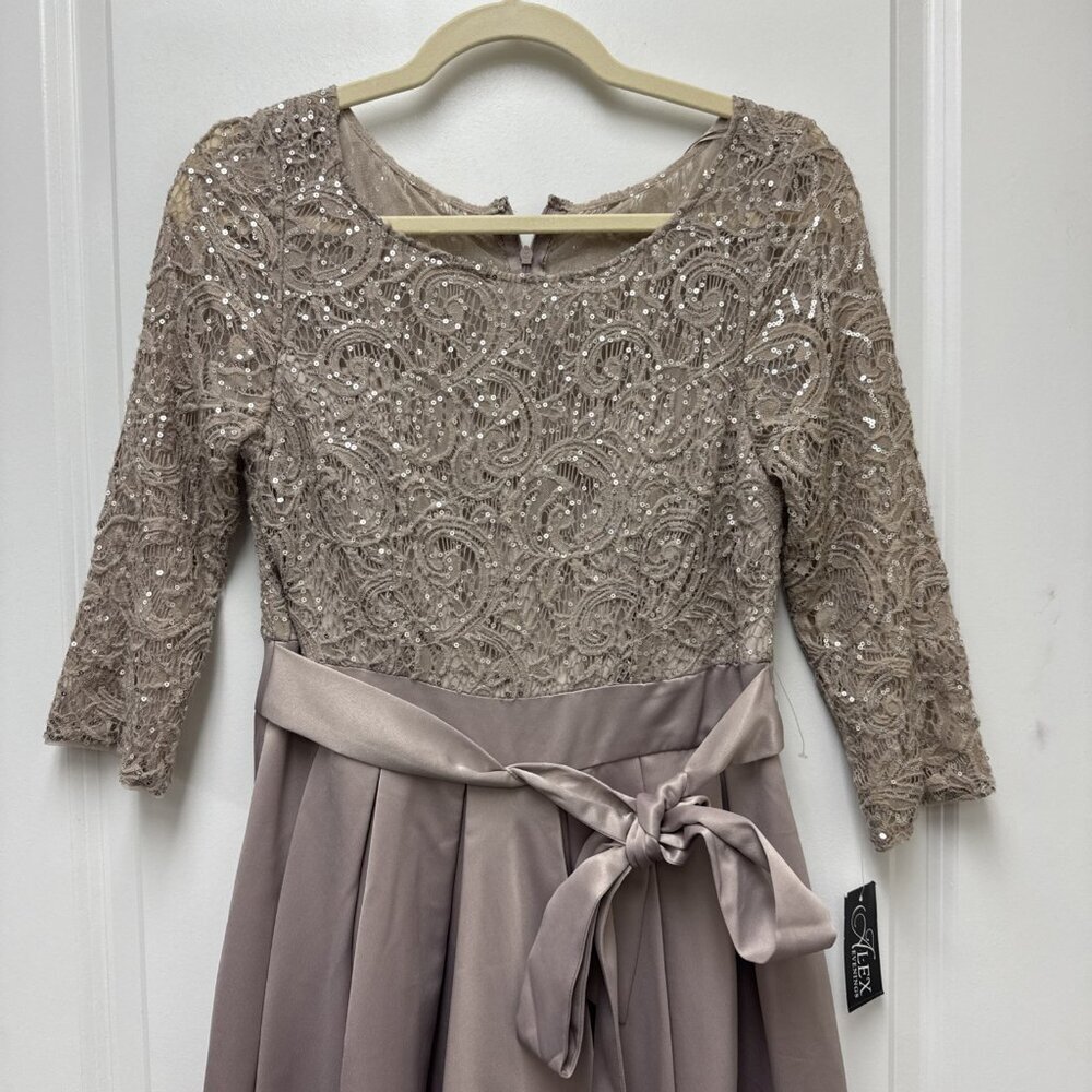 Alex Evenings Taupe Lace-Top Midi Dress with Bow - Picture 5 of 15
